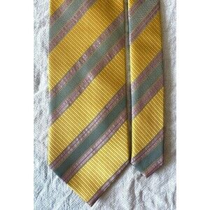 Y2K Vintage 100% Silk Tie Handmade Yellow Pink Gray Stripe Bold Businesswear